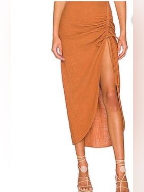 Free People Ruched High-Slit Midi Skirt in Rust